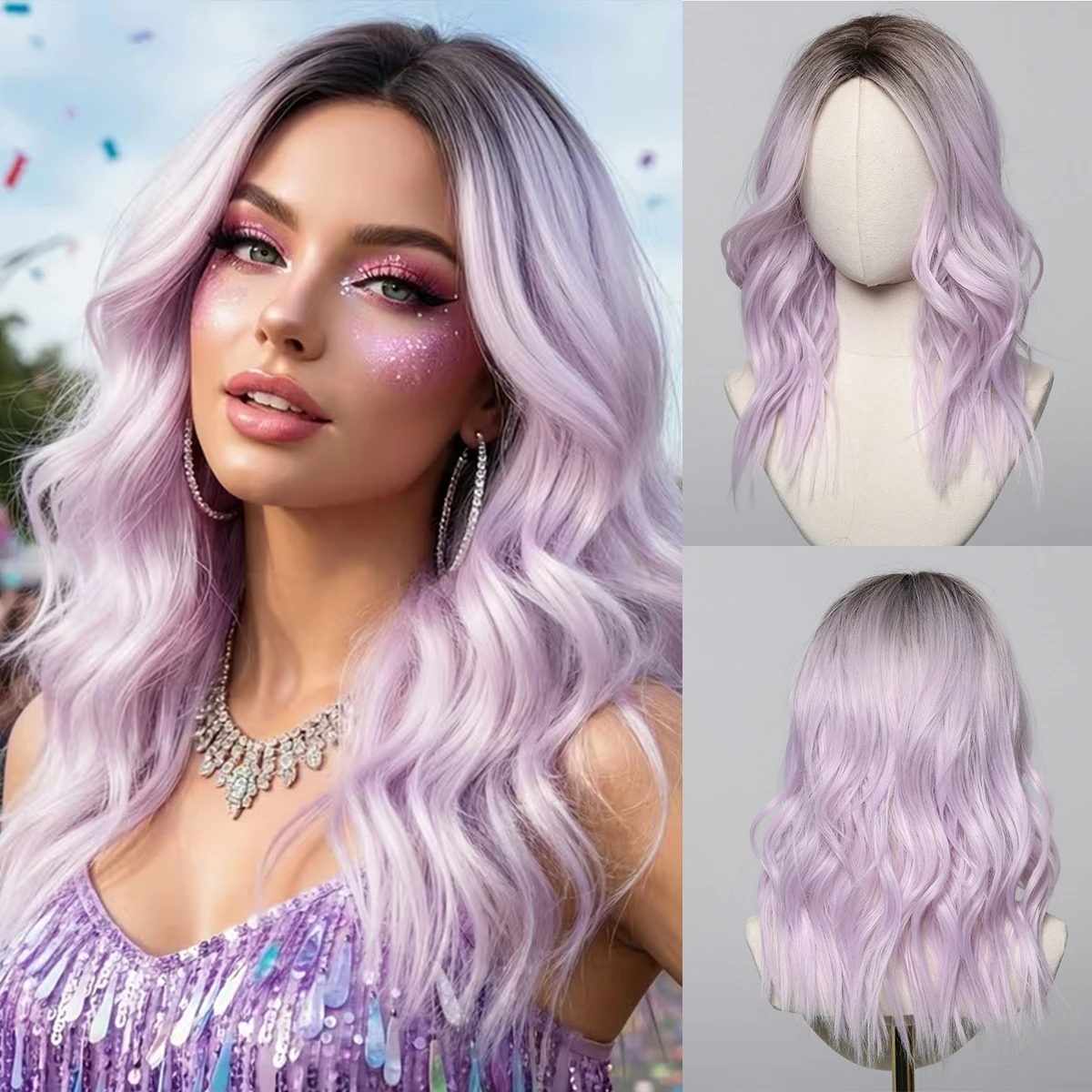 20in Wavy Synthetic Wigs For Women Medium Length Purple Wigs Middle Part Cosplay Festivals Wear Hair Party Heat Resistant Wigs