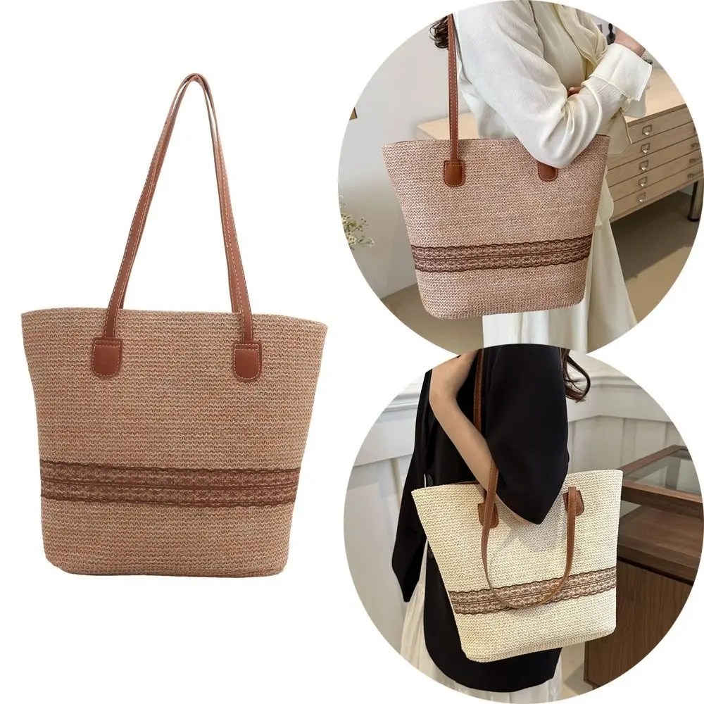 

Spliced ​​Bucket Bag Women Straw Tote Bag Casual Bag Shoulder Tote Bag Large Capacity Versatile Handbag Beach Boho Style