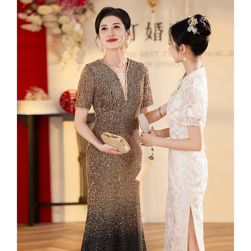 Shiny Sequin Mother Of The Bride Dresses Elegant V-Neck Tea-Length Women Mermaid Wedding Evening Party Gowns Long