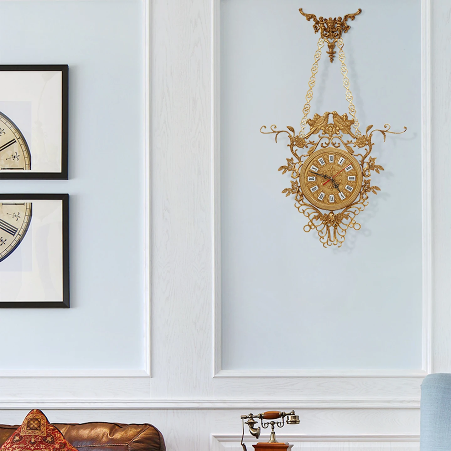 French Baroque Design Living Room Wall Study Lobby Classic Dewaxed Copper Decorative Wall Clock