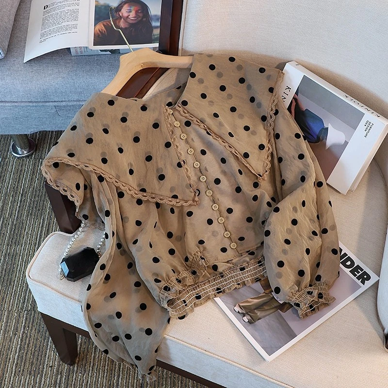 Short Puff Sleeve Doll Collar Chiffon Polka Dot Shirt Women Vintage Blouse Blusas Mujer Spring Perspective Elegant Tops