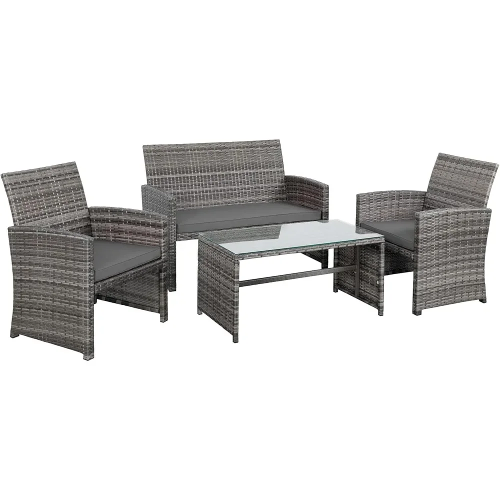 

4-Piece Outdoor Gray Wicker Patio Conversation Furniture Set, Rattan Patio Furniture Set with Weather Resistant Cushions