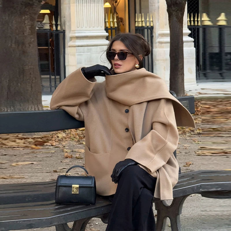 秋冬スカーフ襟ショートコート女性シックなカーキシングルブレストウールルーズジャケット新しい女性オフィス通勤日常アウター