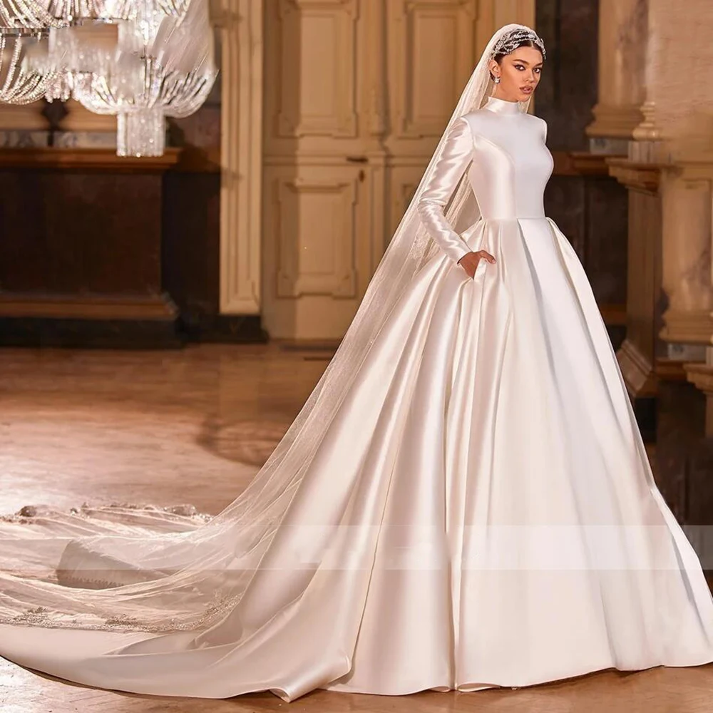 

Luxurious Arabic Style Wedding Dresses High Neck Long Sleeve Custom Made Bridal Party Gowns For Church