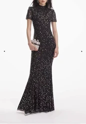 Women Black rhinestone high neck long dress fashion luxurious party Floor length dress