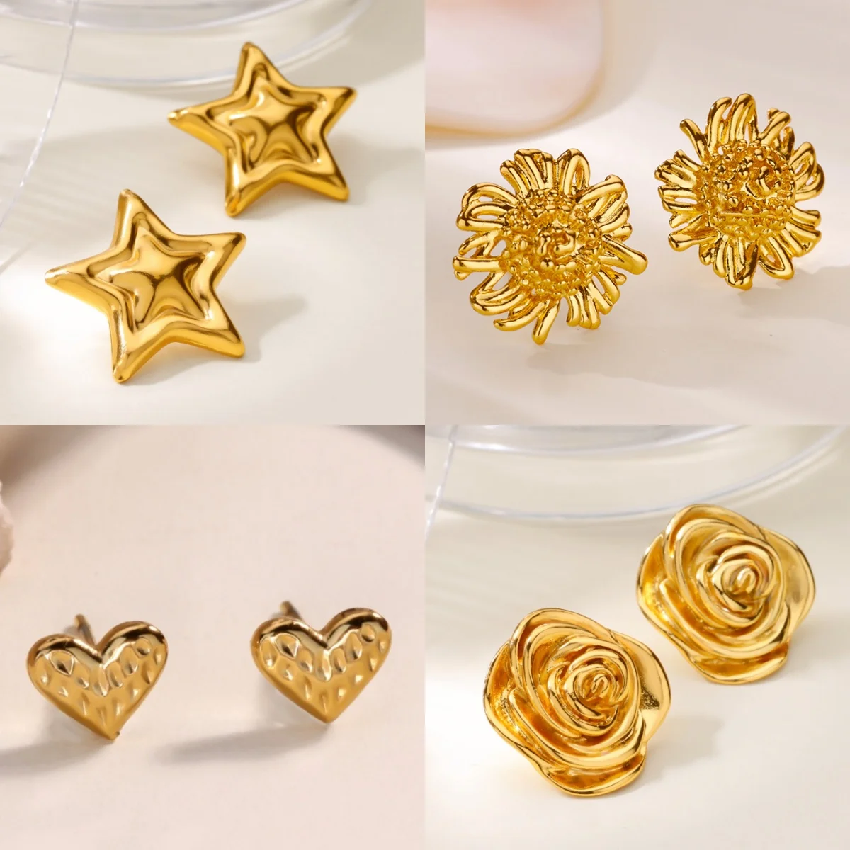 Elegante Stern-Ohrringe für Damen, Edelstahl, vergoldet, florales Herz, Schmuck, Geschenk, kostenloser Versand