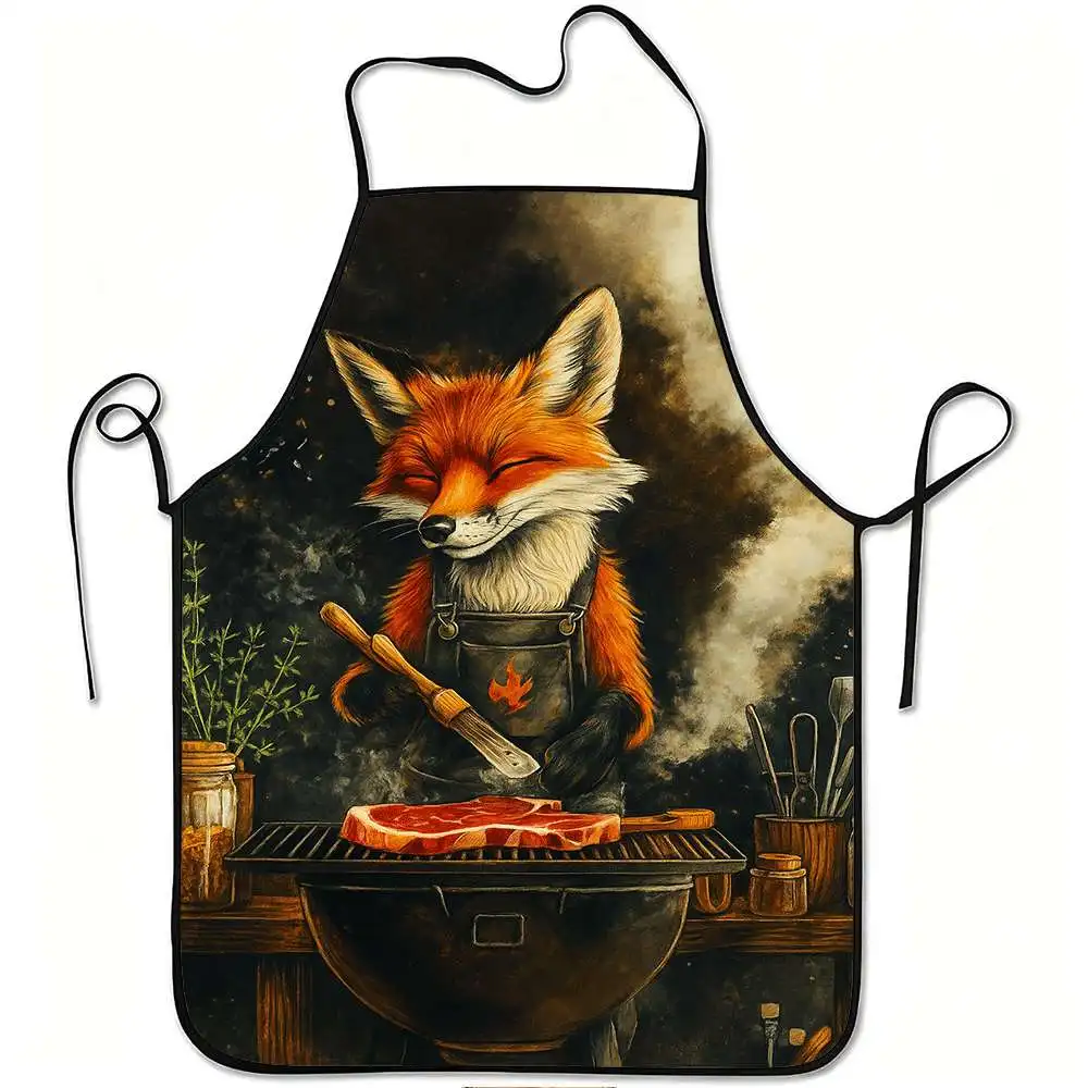 1pc Smiling Fox BBQ Cooking Apron with Cute Fox & Grill Print - Heavy-Duty Polyester Adjustable Waistband, Easy-Clean for Grilli