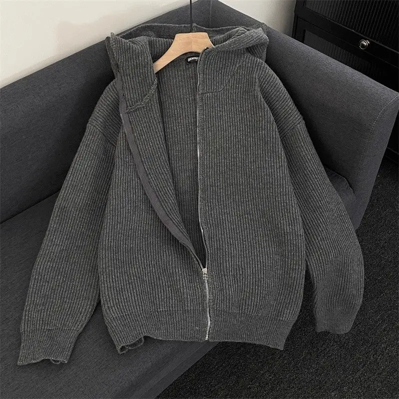 

Cleanfit ey Zipper Open Cardigan Sweater Men's Autumn Winter American Retro Color Loose Fit Hooded Jaet