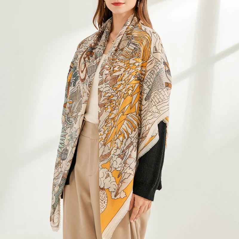 

Elegant European and American style illustrated square scarf women130cmCotton and linen vibrant color-blocking soft shawl sc