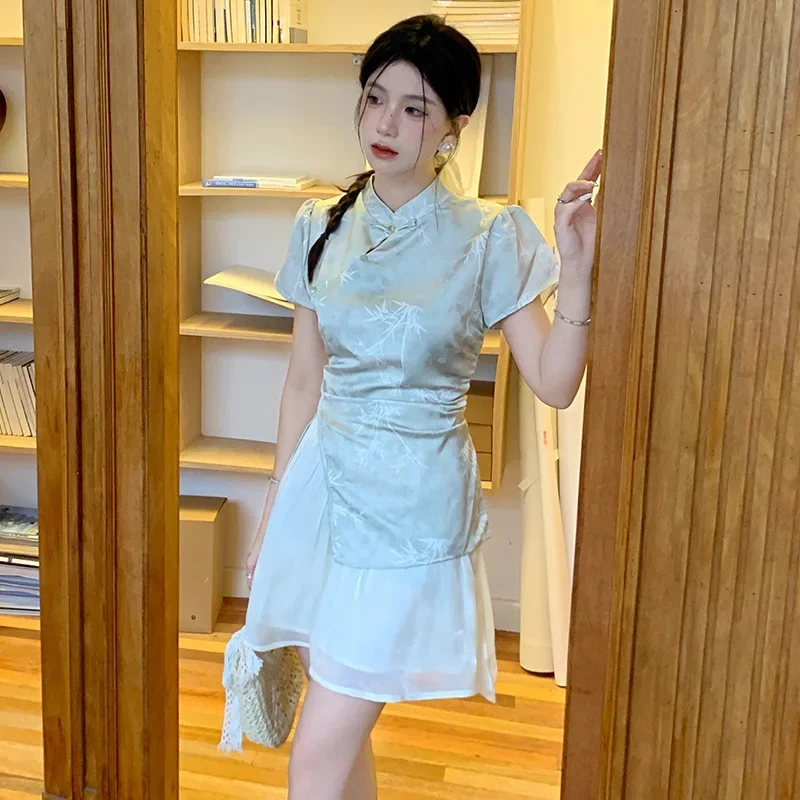 Improved New Chinese Style Dress Mesh Patchwork Qipao Dress Lady Summer New Chesongam Casual Streetwear Princess Style Qipao