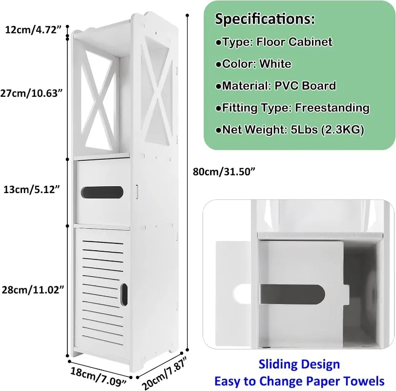 

【Brand new】DayPlus Waterproof Bathroom Cabinet with Paper Drawer Tall Toilet Storage Cupboard White Organizer Shelves Free Stand