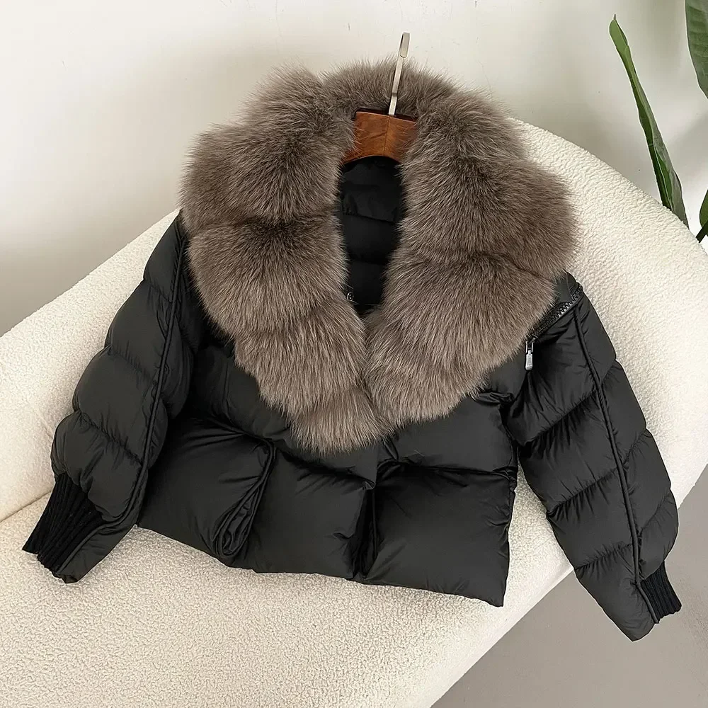 Real Raccoon Fox Fur Collar Coat Women Thick Warm Streetwear Casual Outerwear 2024 Winter Natural White Duck Down Jacket