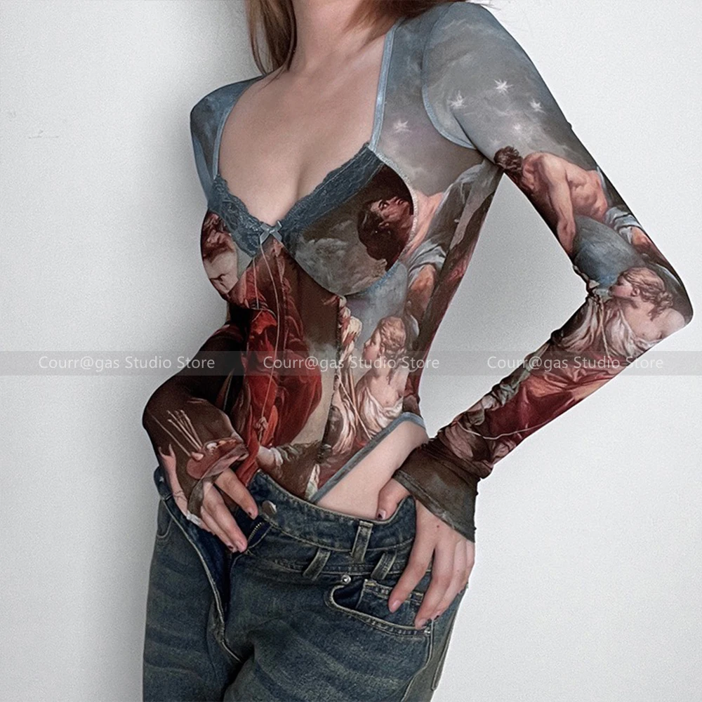 

Vintage Printed Mesh Bodysuit Sexy Biker Design Sense See Through Spice T-Shirt Top