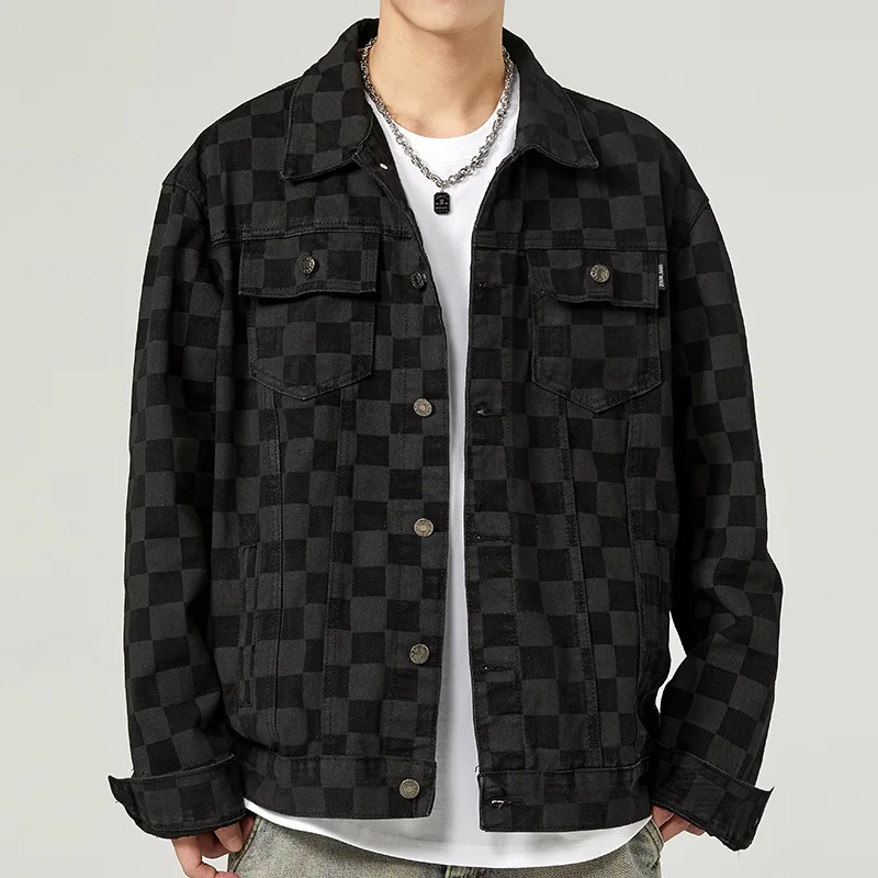 Male Jean Coats Outwear Black Men's Denim Jacket Plaid Overcoat Korean Fashion Vintage Casual Men Jacket Autumn Winter Outerwear