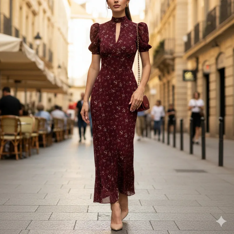 

Elegant Women's Floral Print Midi Dress High Neck Keyhole Cut Out Puff Sleeve Bodycon Maxi Dress for Evening Party Office Wear