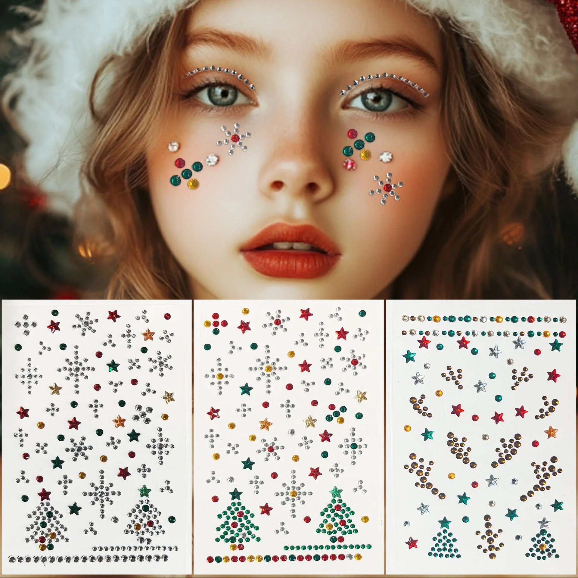 

Цельные наклейки для лица, рождественские наклейки для макияжа, наклейки со стразами в виде снежинок, украшения с бриллиантами для выступления лица.
