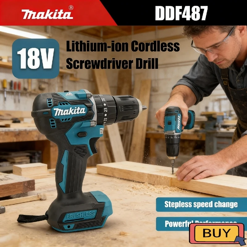 

Аккумуляторная ударная дрель-шуруповерт Makita DDF487 LXT 18В бесщеточная, компактная, с функцией перфоратора, перезаряжаемая, электроинструмент