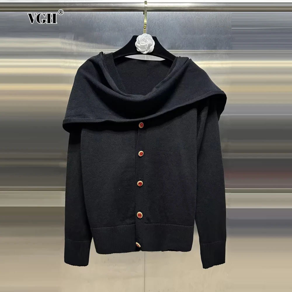 VGH Solid Casual Knitting Sweaters For Women Scarf Collar Long Sleeve Spliced Button Minimalist Slimming Sweater Female Fashion