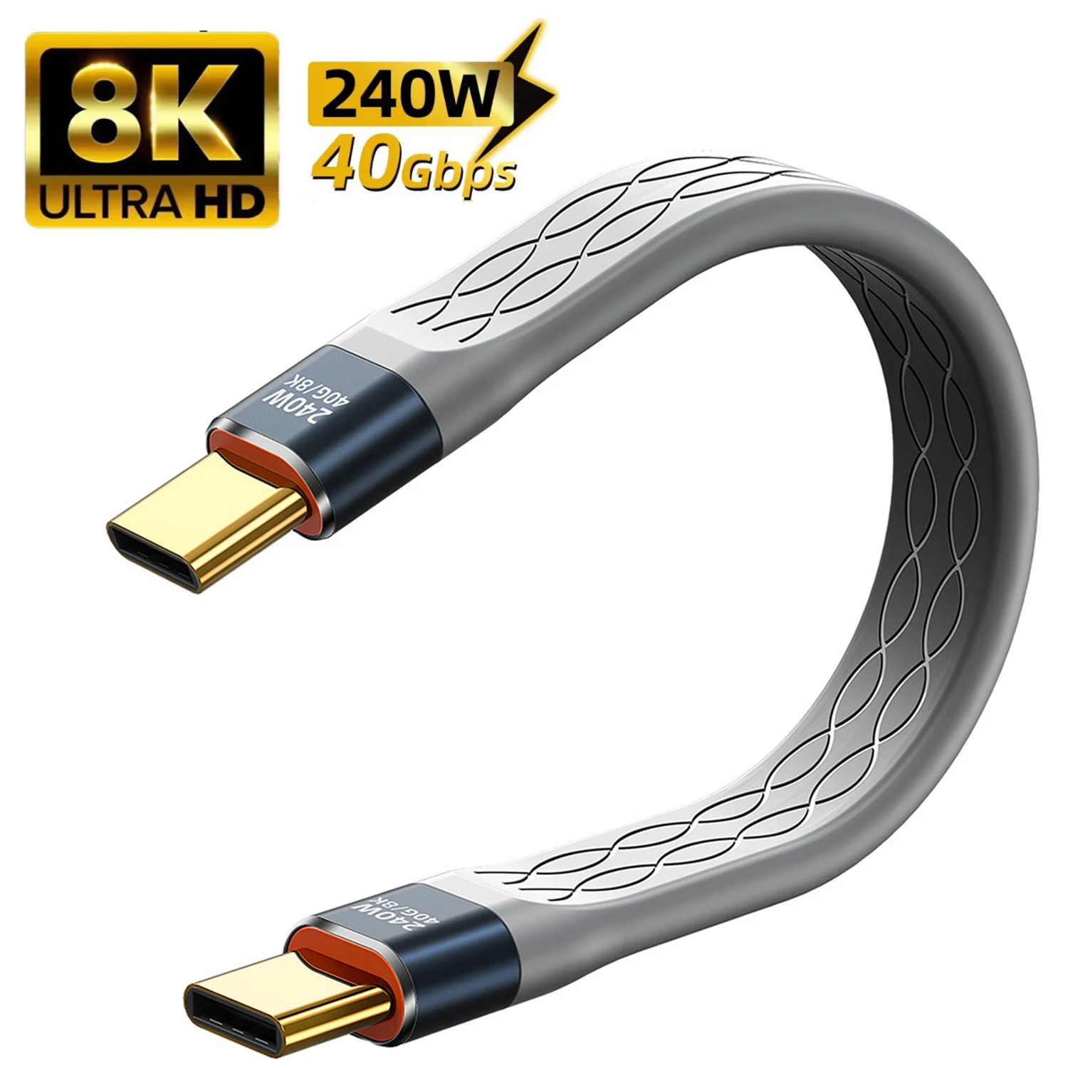 Cabo USB C para USB C, Carregamento Rápido Tipo-C, Transferência de Dados, 8K, Flexível, Plano, Carga de Dados, Extensão, 240W, 40G, 40Gbps, 0.4FT