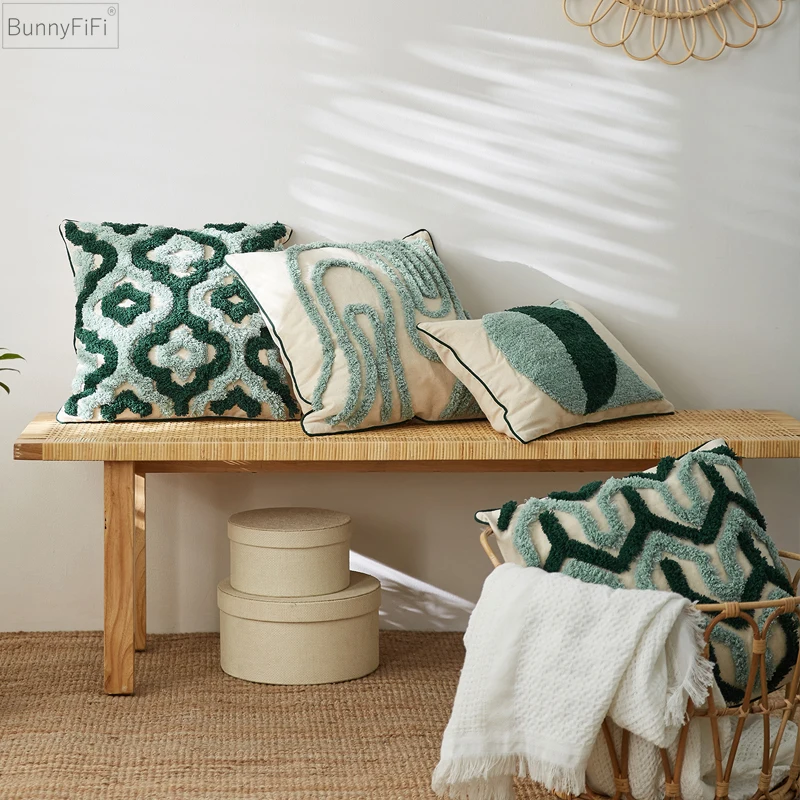 Cushion Cover 45x45cm Pillow Cover Blue Tufted Geometric Boho Style Home Decorative for Sofa Bed Living Room Bed Room