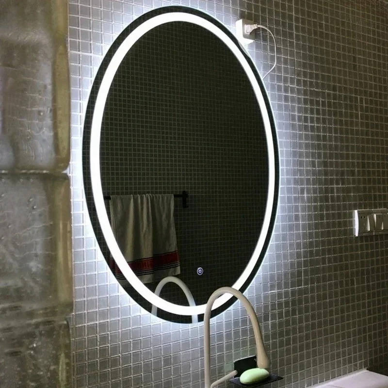 Smart Oval Bath Mirrors Touch Screen Anti-fog LED Light Bathroom Mirror Toilet Body Induction Wall-mounted Lighted Makeup Mirror