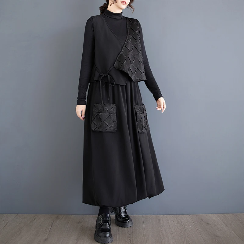 

Spring 2025 Loose plus Size Design Slimming Patchwork Vest Elastic Waist Flower Bud f Skirt Two-Piece Set Women's Faion