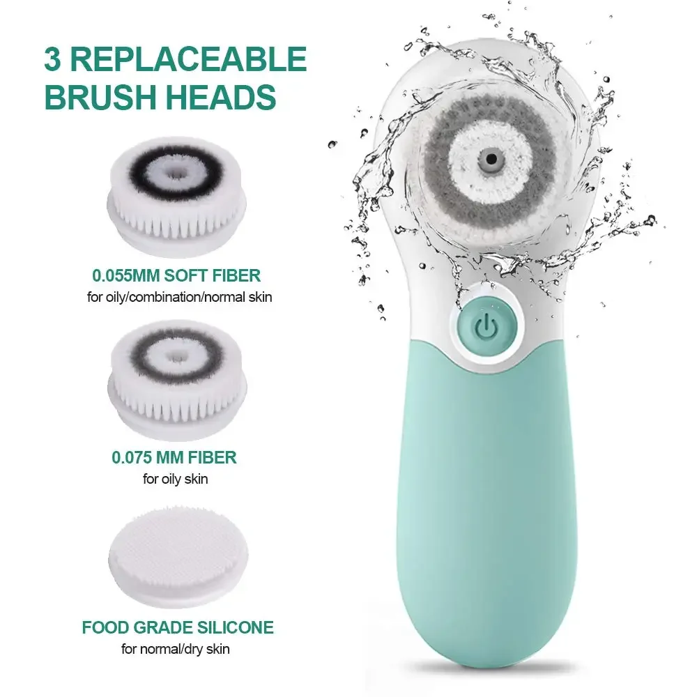 Electric Facial Brush USB Charging Massage Face Brush IP6 Waterproof 3 Head Rotating Brush Deep Exfoliation Face Massager