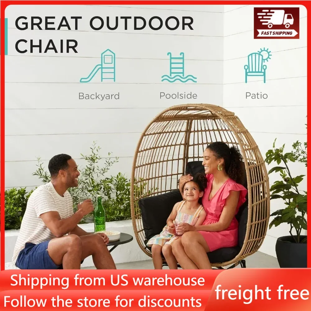 Wicker Egg Chair Oversized Indoor Outdoor Lounger for Patio Backyard Living Room W/ 4 Cushions Steel Frame 440lb Free Delivery