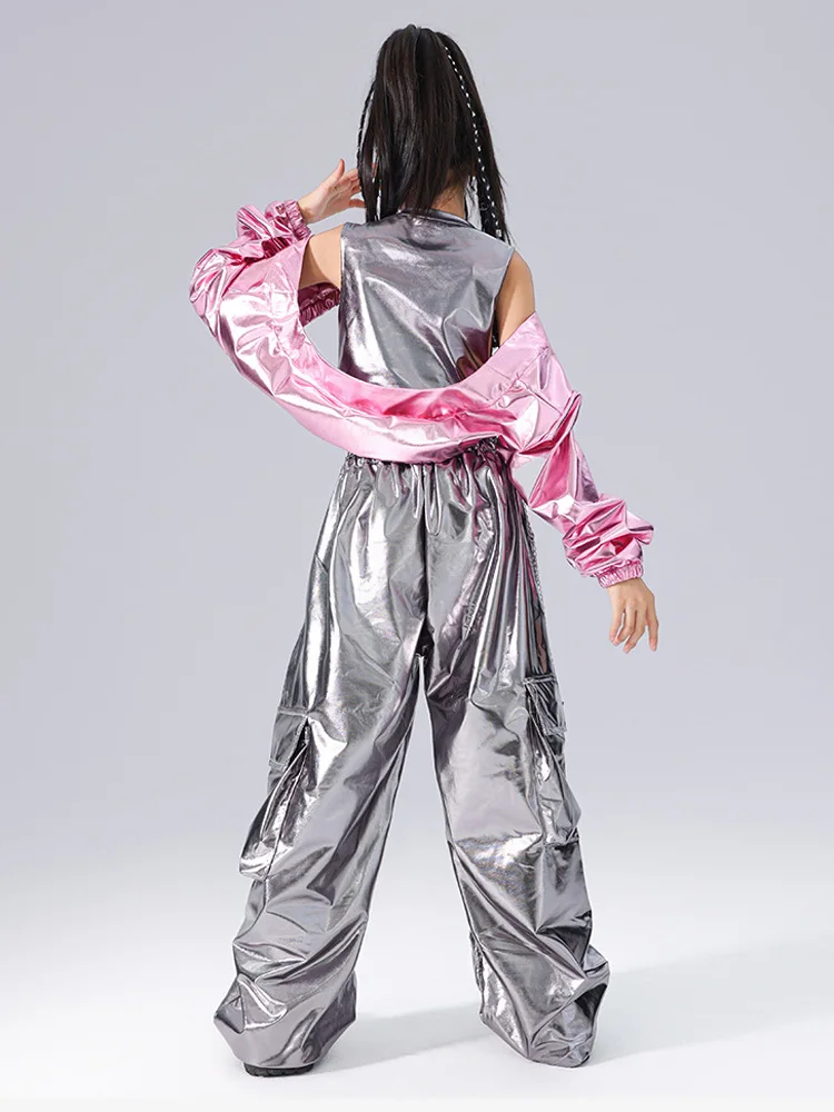 Crianças kpop hip hop roupas retalhos colheita topo streetwear prata calças de carga para meninas jazz dança traje roupas