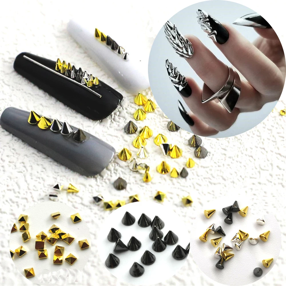 100pcs Mini Rock Metal Rivet Nail Art Charms 3D Punk Gothic Gold/Silver/Black Alloy Bullet Cone Revits Nail Decorations DIY Nail