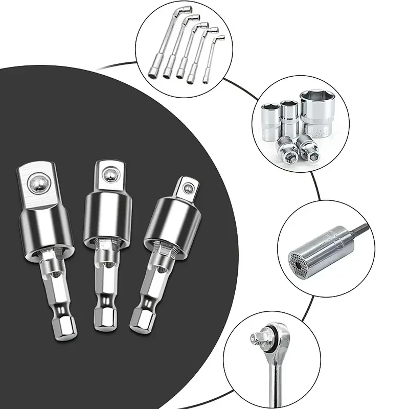 3ชิ้นสว่าน360 ° ไขควงนิวเมติกแขนอะแดปเตอร์อเนกประสงค์ก้านหกเหลี่ยมชุดเครื่องมือต่อขยายหมุนหัวสี่เหลี่ยม