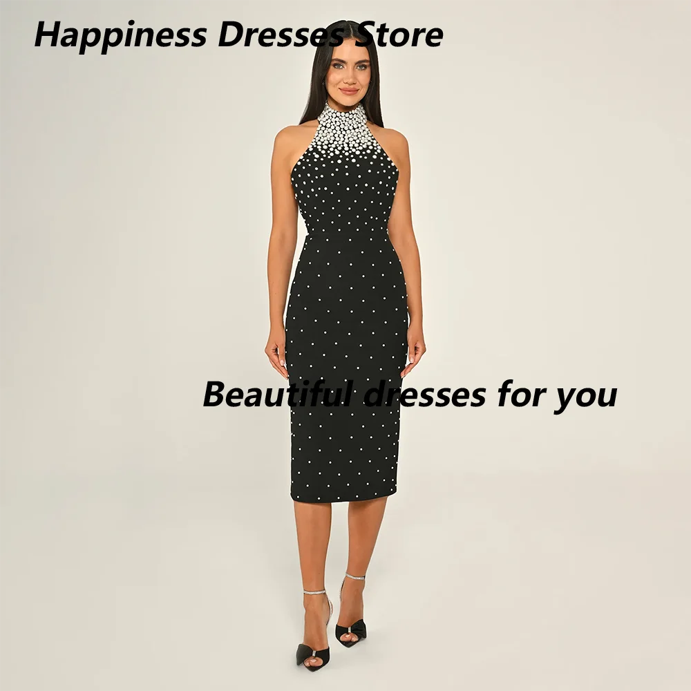 

Luxury Beading Midi Prom Dress High Neck Sleeveless Tea Length Sheath Evening Gowns Sexy Backless Cocktail Party Gown Customized