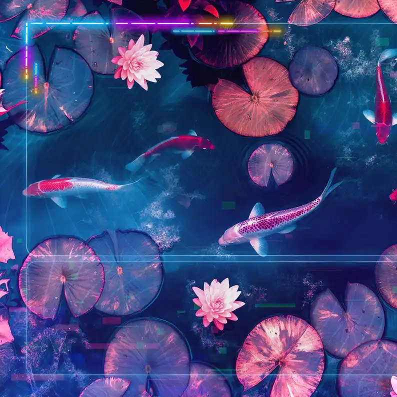 Playmat Lotus Kamigawa com zonas 23,6 "X 13,8" Vaporwave Glitch Koi Pond Mousepad Gamer Acessório de escritório Tapete de teclado Tapete de mesa
