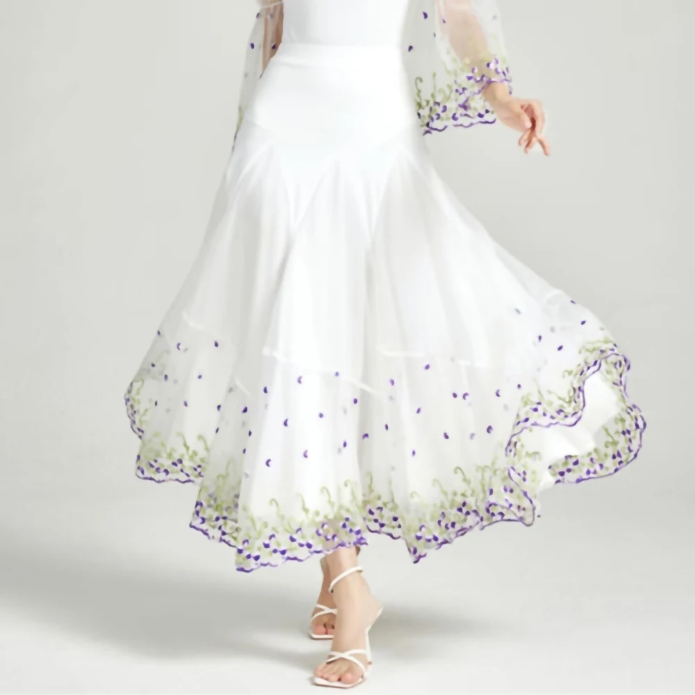 تنورة الفالس الحديثة الأبيض الأرجواني جودة عالية مسابقة الرقص الحديث مناسبة رسمية تنورة عرض مطرزة