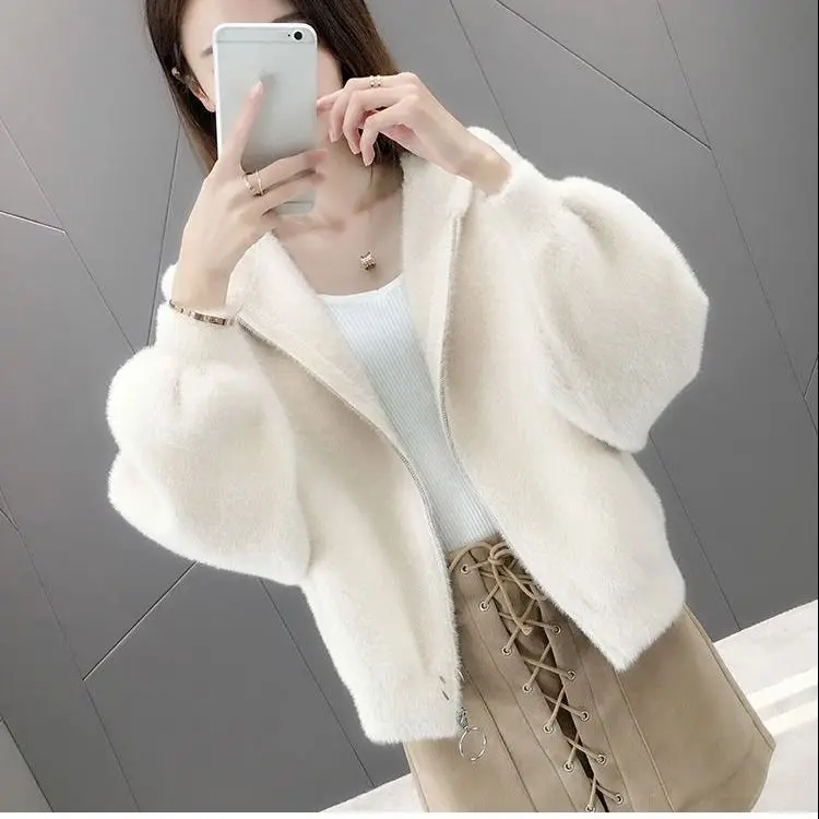 

New 2024 Autumn/Winter Fashion Thickened Hooded Faux Mink Fleece Jacket Women's Knitted Cardigan Zipper Coat B181