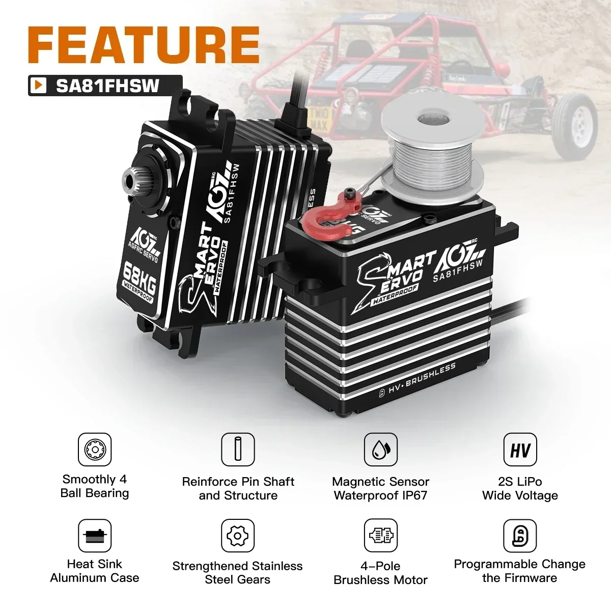 AGFRC SA81FHSW 68KG Waterdicht Monster Torque Steel Gear Borstelloze Grote Smart HV Digitale Servo Voor RC Auto Boot Lier Vliegtuigen