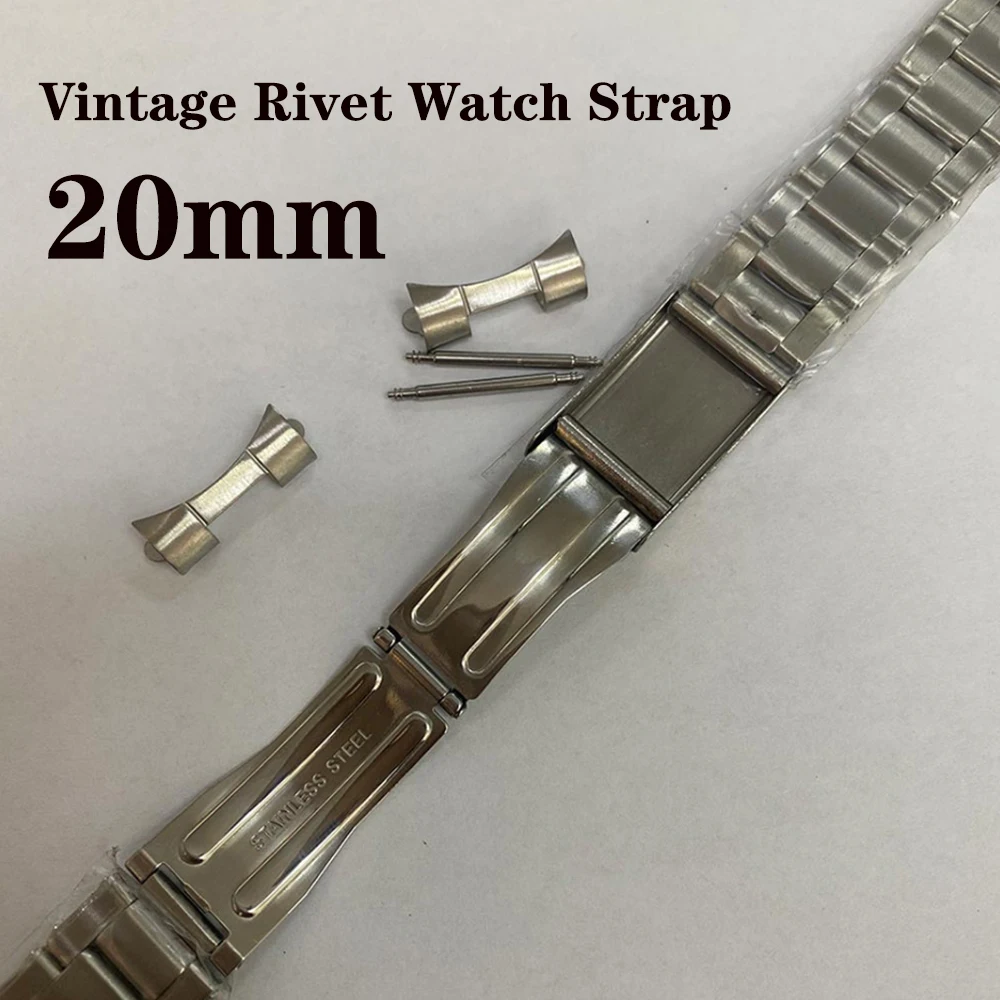 

Stainless Steel Watch Strap 20mm, Retro Case Bracelet, Vintage Rivet Watchband Strap Belt Replacement, Mechanical Watch Parts