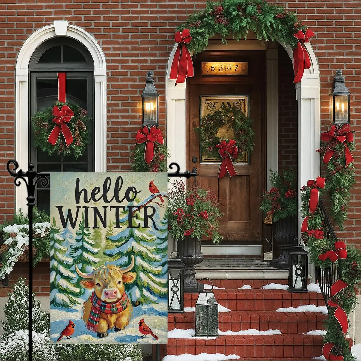 Hello Winter Garden Flag For Outside, Winter Highland Cow Garden Flag, Double Sided Cardinal Snow Tree Yard Decorative Flags yyi