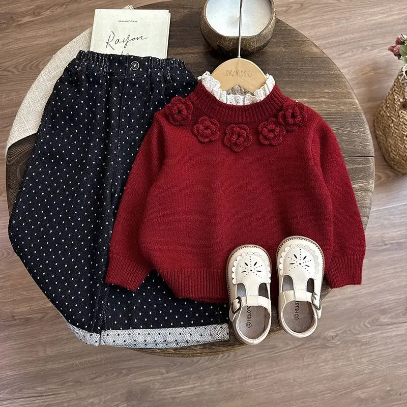 Girls Autumn Winter Sweater New Fashion Kids Red Knitted Top Thickened Thermal Base Layer Shirt Baby Clothing