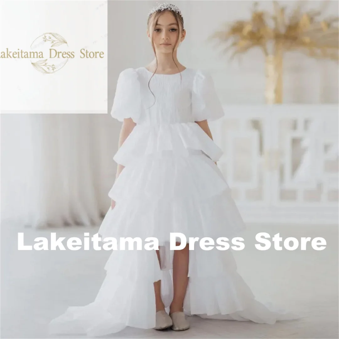 Customization Wedding Birthday Gown With Bow Trailing Short Prom Banquet Holy CommunionSleeve Flower Girl Dresses Tiered