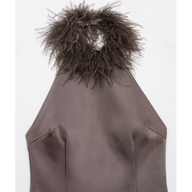 ربيع الخريف المرأة فستان من الريش مثير عارية الذراعين الرسن الرقبة المرأة فستان قصير أنيق أنثى شيك عودة البريدي فستان قصير