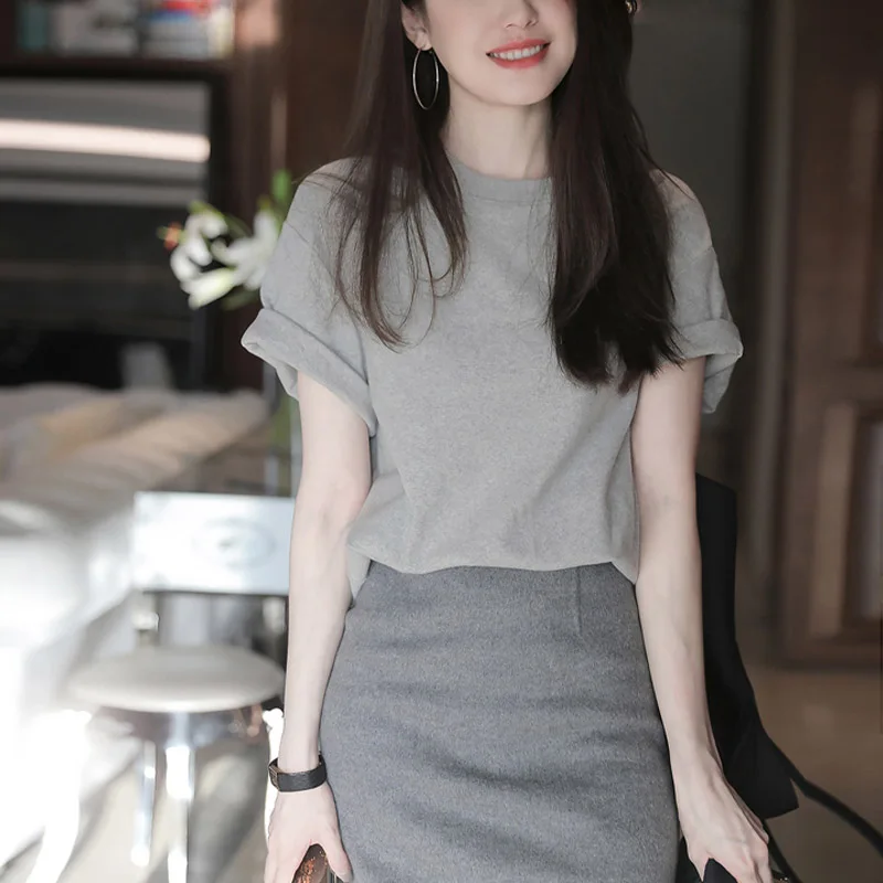 

Хлопковая футболка женская, летняя, свободная, накладная, ort Sve round Ne, повседневная, в Корейском стиле, для поездок на работу, Faion