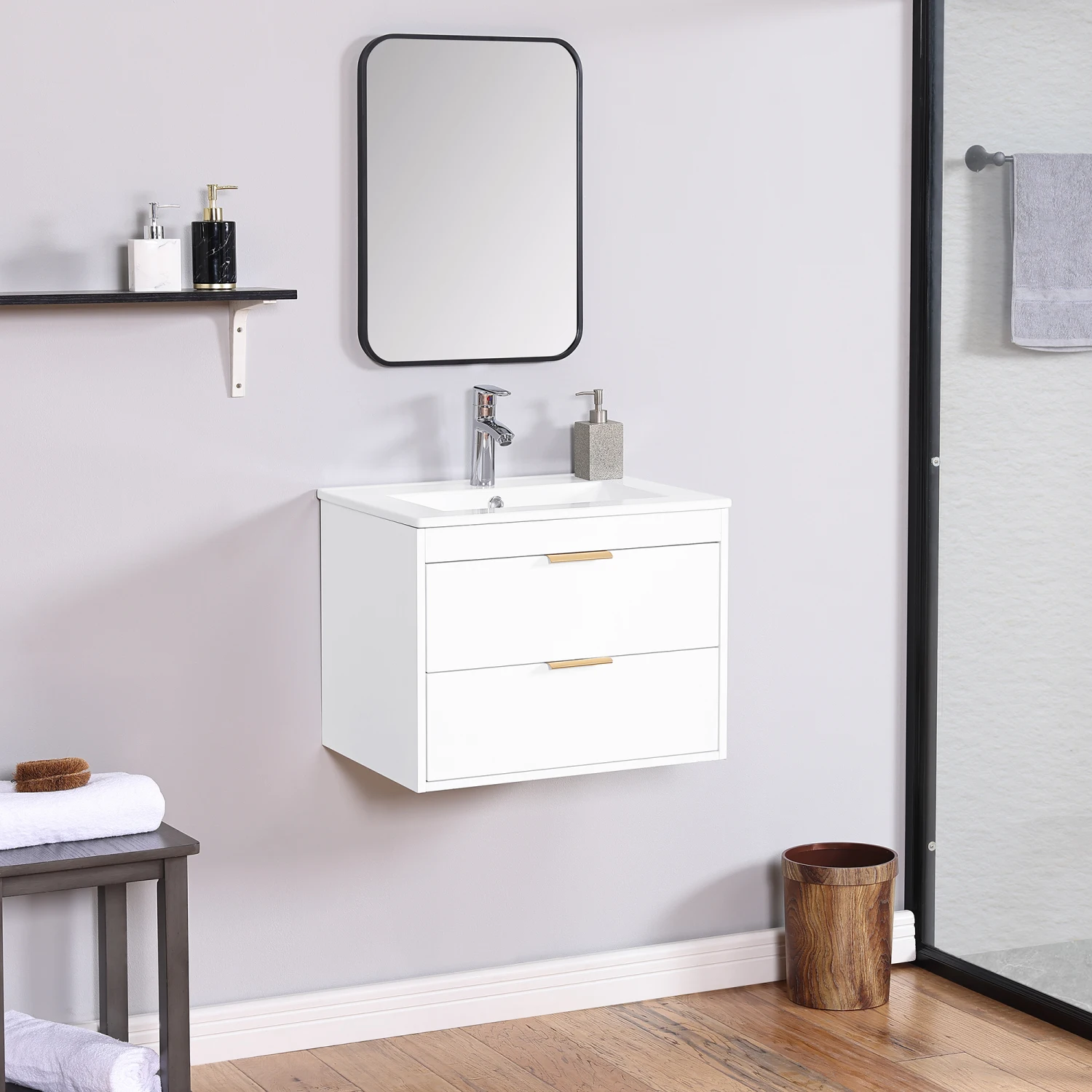 

24" Floating Bathroom Vanity with White Ceramic Sink and Drawer Storage