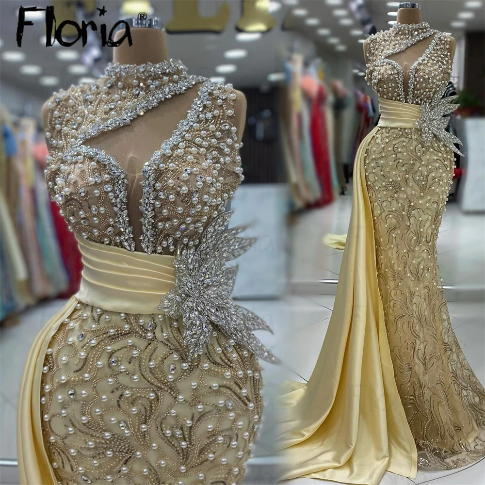 Yellow O-Neck Evening Dress Sleeveless Mermaid Sequins Party Dress Vestido De Novia Crystals Prom Dress Cocktail Dresses 2024