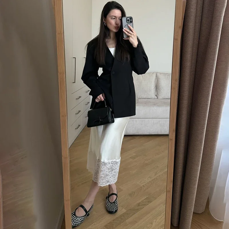 레이스 스플라이스 스커트 여성 우아한 새틴 하이웨이스트 롱 스커트 오피스룩 여름 2025 패션 신상 솔리드 여성 스커트