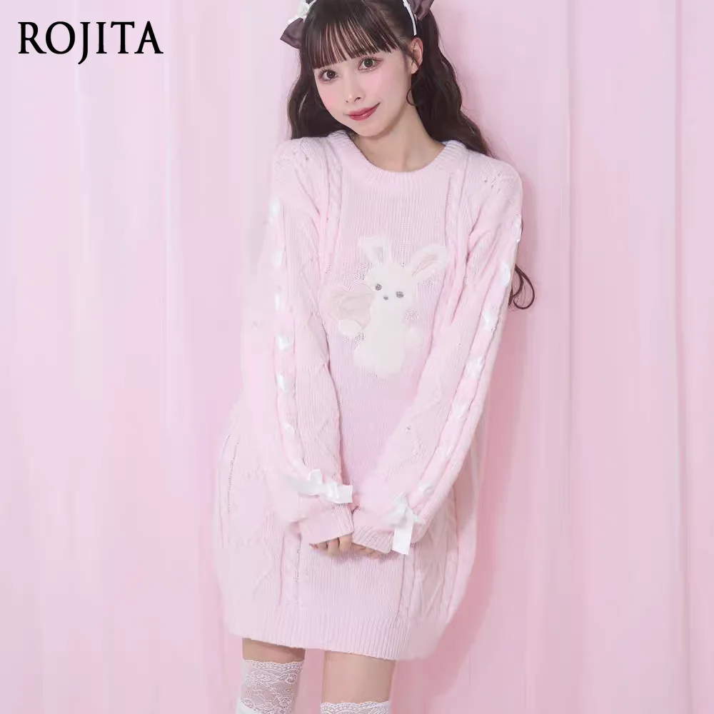 Cartoon Patch Furry Crew Neck Sweater Autumn Winter Rabbit Cartoon Knitted Dress Oversized Sweater Women