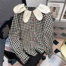 Female Interior Lapping Sweet Patchwork Turn-down Collar Blouse Autumn Korean Buttons Plaid Loose Long Sleeve Women Shirts Tops