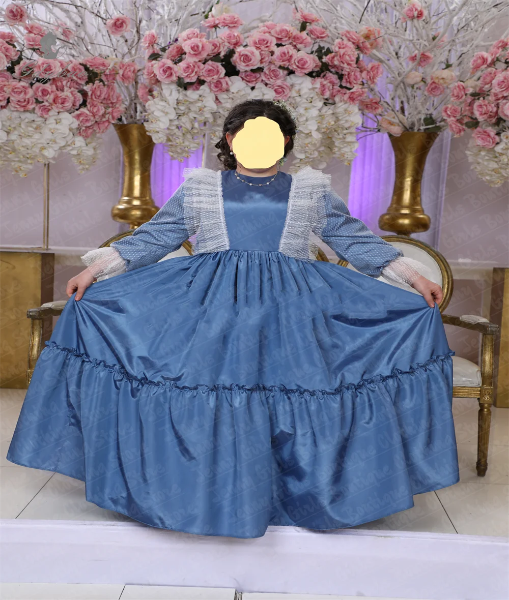 Impresionante vestido de niña de flores con mangas de tul elegante de satén juvenil personalizado para vestidos de banquete de primera comunión de boda