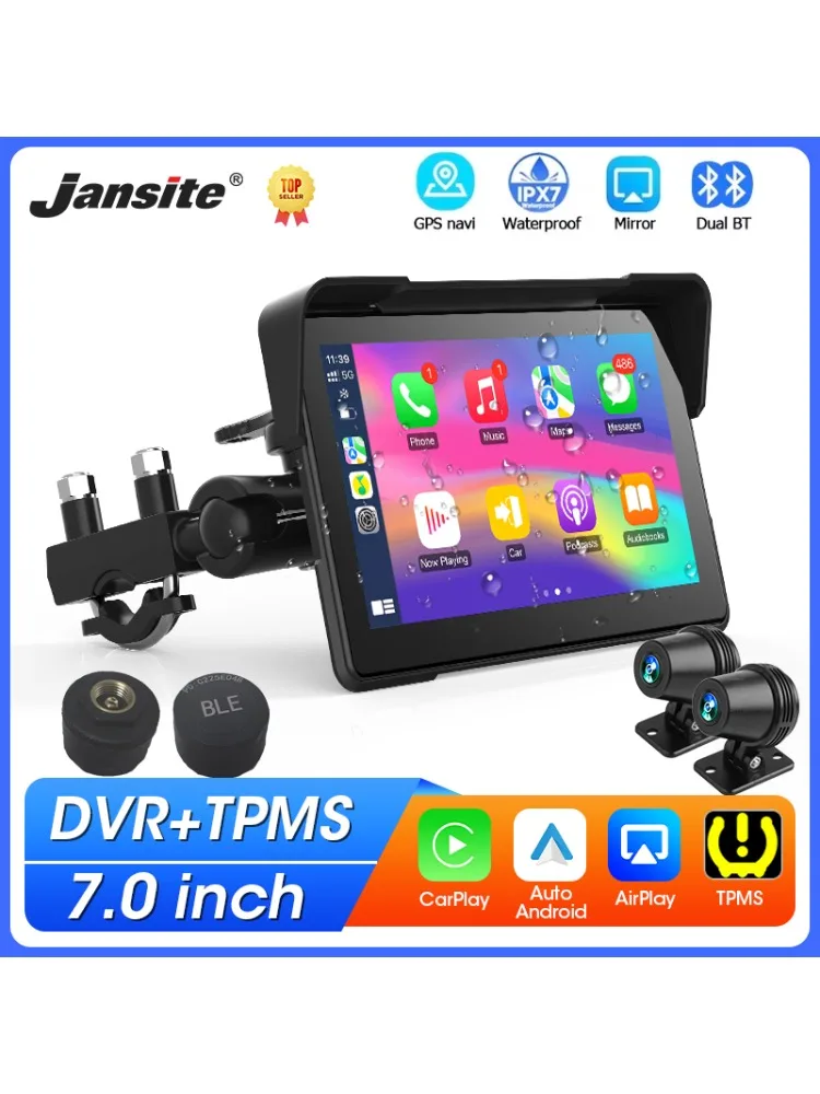 7-inch draagbare motorfiets GPS-navigatie IPX7 waterdicht LCD-scherm voor draadloze CarPlay Android Auto-ondersteuning DVR TPMS - afbeelding 2