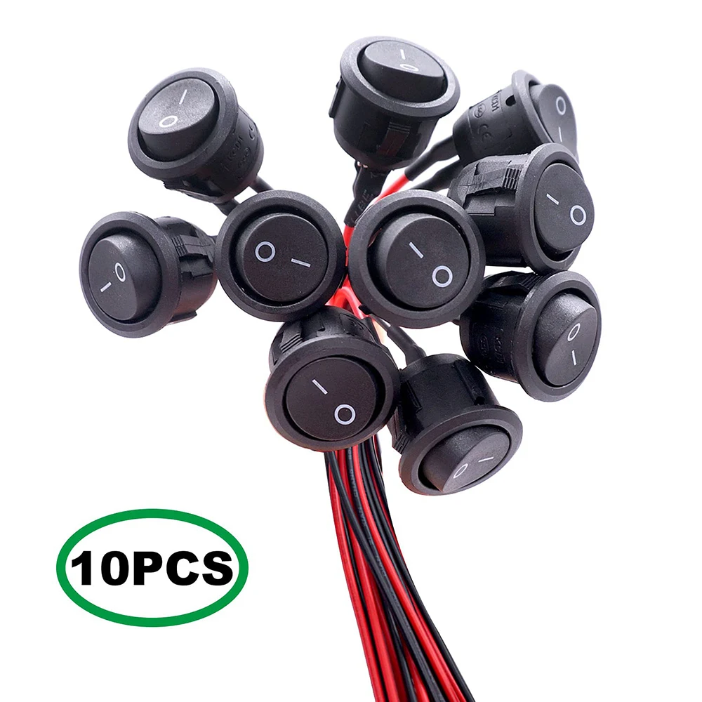 

10Pcs Rocker Switch ON/Off SPST 2Pin Latching Toggle Switch Snap Round with Pre-Wired 6A/250V 10A/125V AC 12VDC